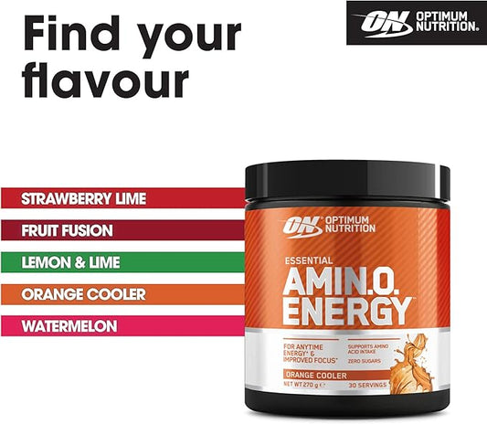Optimum Nutrition Amino Energy Pre Workout Powder, Energy Drink With Amino Acids, Bcaa And L-Glutamine, Food Supplement With Vitamin C And Caffeine, Orange Cooler Flavour, 30 Servings, 270 G