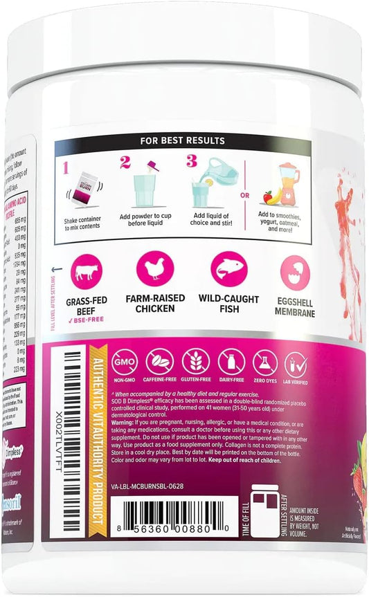 Multi Collagen Burn: Hydrolyzed Protein Peptides With Hyaluronic Acid, Vitamin C, Sod B Dimpless, Types I, Ii, Iii, V And X, Caffeine-Free Strawberry Lemonade Flavored 30 Servings
