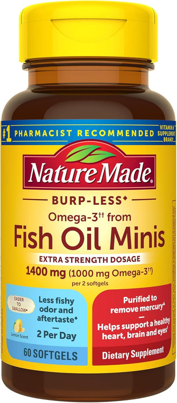 Nature Made Extra Strength Burp Less Fish Oil Omega 3 Supplements 1400 Mg Minis, Omega 3 Fish Oil As Ethyl Esters For Healthy Heart Brain Eyes Support, 60 Softgels, 30 Day Supply