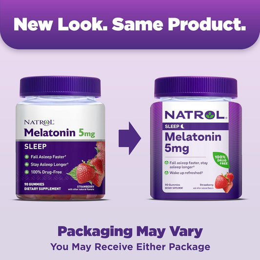 Natrol 5Mg Melatonin Gummies, Sleep Support For Adults, Melatonin Supplements For Sleeping, 90 Strawberry-Flavored Gummies, 45 Day Supply
