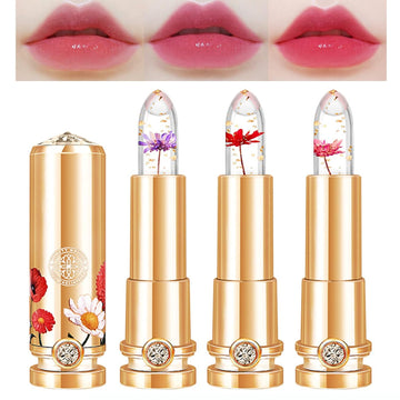 3 Colors Crystal Flower Jelly Lipstick Set,Magic Temperature Color Changing Lip Gloss Ph Lipstick Color Changing Jelly Lipstick Waterproof Moisturizer Lip Balm (#1+#2+#3)