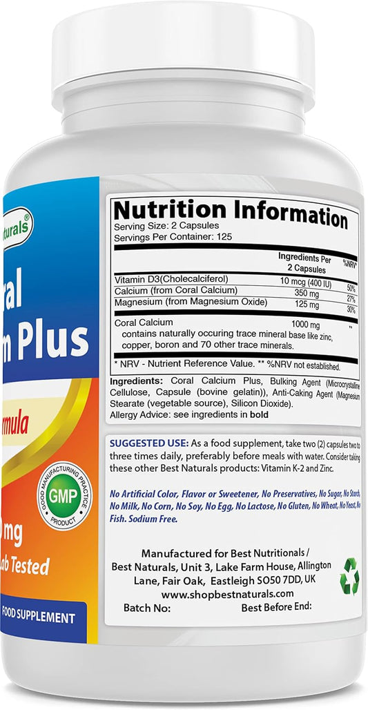 Best Naturals Coral Calcium Plus 1000 Mg 250 Capsules