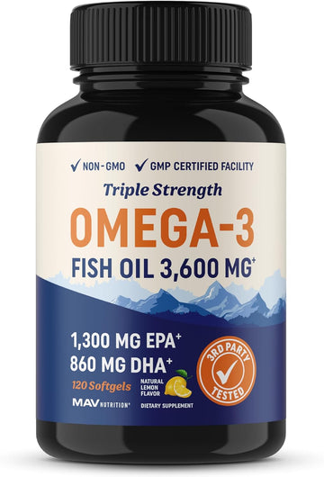 Triple Strength Omega 3 Fish Oil 3600 mg | EPA & DHA | Over 2100mg Omega-3 Fatty Acids | 1300mg EPA + 860mg DHA | Best Essential Fatty Acids | Premium Burpless Fish Oil Omega 3 Supplements