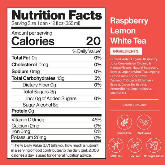 Happy Being Nutrient-Rich Organic Raspberry Lemonade White Tea – Infused With Turmeric, Elderberry, Vitamin D3, Caffeine Free, Plant-Based, Low Calorie & Low Sugar Drinks, 12Oz (16 Pack)