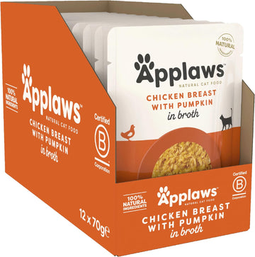 Applaws 100% Natural Wet Cat Food, Chicken Breast And Pumpkin In Broth 70G Pouch, 12X70G Pouches8001Ml-A