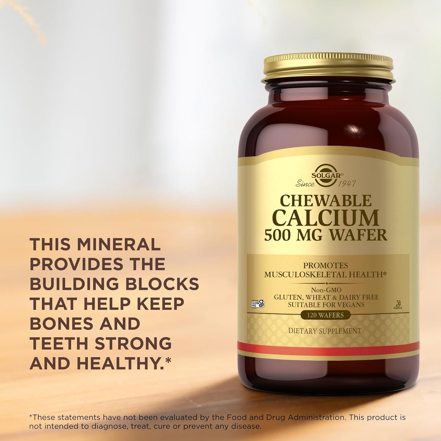 Solgar Chewable Calcium 500 Mg - 120 Wafers, Pack Of 3 - Promotes Musculoskeletal Health - Non-Gmo, Vegan, Gluten, Wheat & Dairy Free, Kosher - 180 Total Servings