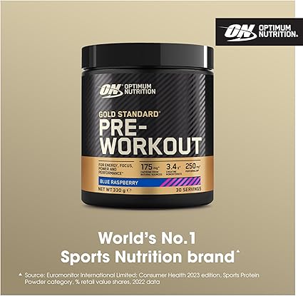 Optimum Nutrition Gold Standard Pre Workout Powder, Energy Drink With Creatine Monohydrate, Beta Alanine, Caffeine And Vitamin B Complex, Food Supplement, Blue Raspberry Flavour, 30 Servings, 330 G