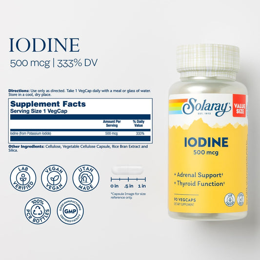 Solaray Iodine 500 Mcg, Iodine Supplement For Healthy Adrenal And Thyroid Support, Energy, Metabolism, And Focus, Potassium Iodide, Vegan, 60-Day Money-Back Guarantee, 90 Servings, 90 Vegcaps