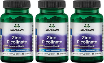 Swanson Zinc Picolinate - Mineral Supplement Promoting Prostate Health, Vision Health, & Immune Support - Body Preferred Form Of Chelated Zinc - (60 Capsules, 22Mg Each) 3 Pack