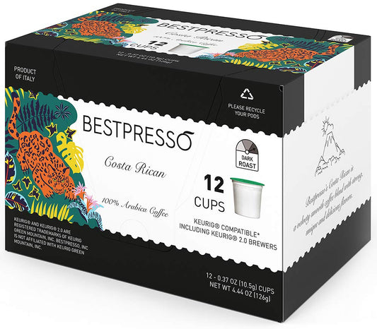 Bestpresso Coffee, Costa Rican Dark Roast Single Serve K-Cup Pods, 96 Count (Compatible With 2.0 Keurig Brewers) 8 Packs Of 12 Cups