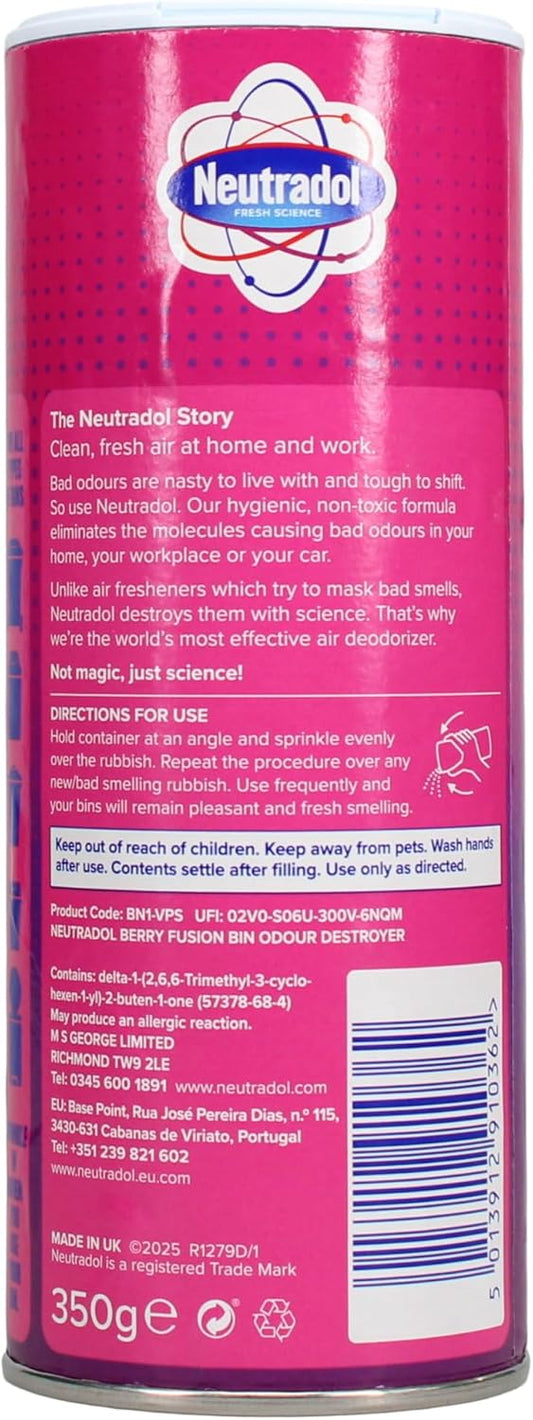 Neutradol Dustbin Odour Destroyer, Bin Freshener Deodorising Powder, Odour Eliminator For Indoor & Outdoor Bins, Berry Fusion, Multipack Of 6 X 350G