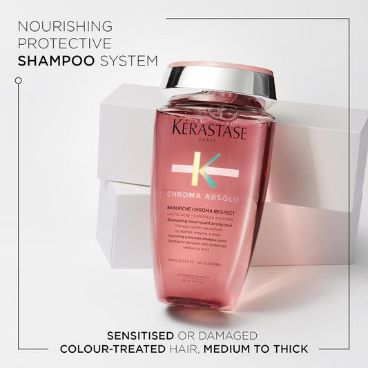 Kérastase Chroma Absolu, Nourishing & Protecting Shampoo, For Sensitised Or Damaged Color-Treated Hair, Medium To Thick, With Alpha-Hydroxylated Acid (Aha), Bain Riche Chroma Respect, 250Ml