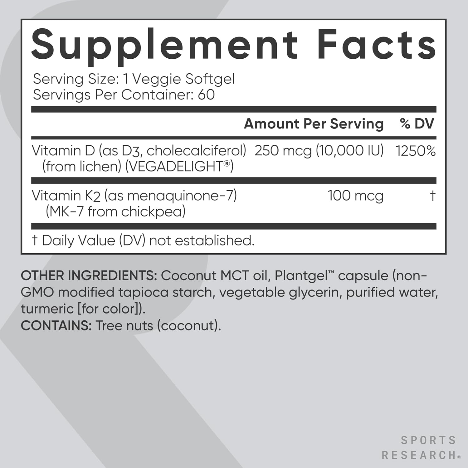 Sports Research® Vitamin D3 + K2 with Coconut Oil | Vegan D3 10,000iu (250mcg) & Plant Based Vitamin K2 (100mcg) Supplement | Vegan Certified, Soy & Gluten Free - 60 Softgels : Health & Household