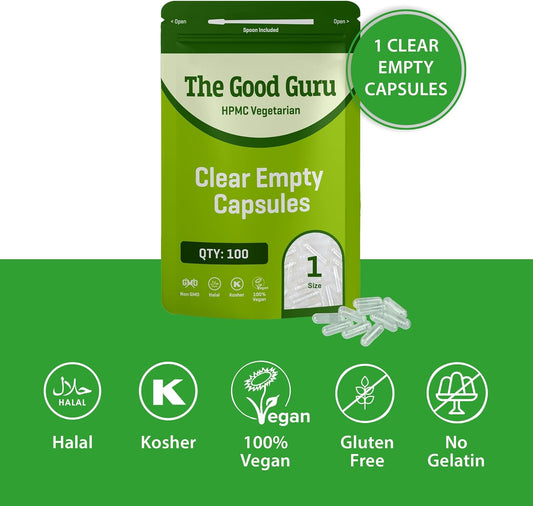 The Good Guru Clear Empty Vegetarian Capsules Size 1 | Qty 100 Gluten Free, Non-Gmo, Includes Micro Lab Spoon
