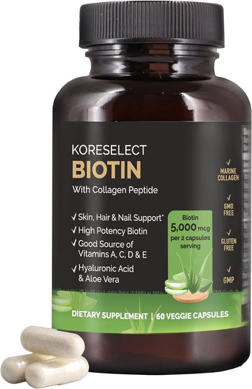 Biotin Collagen Capsules 5000Mg, With B7 And Multivitamins, Hyaluronic Acid, Aloe For Men & Women, Hair, Nail, Skin Care, 60 Capsules
