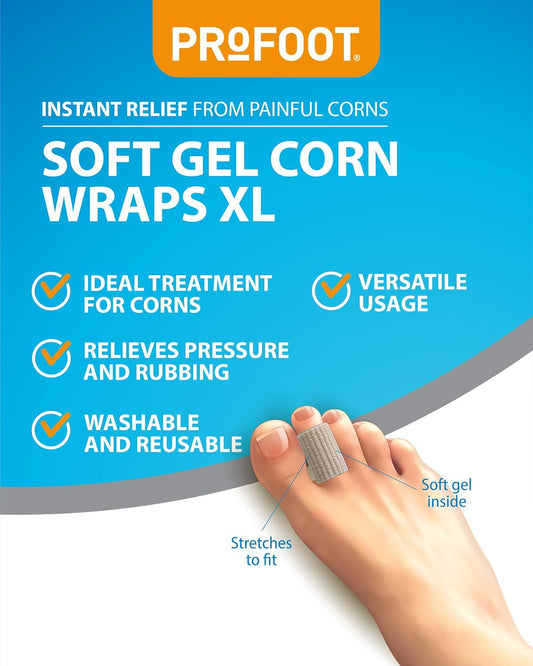 Profoot Soft Gel Corn Wraps Xl - Instant Relief From Painful Corns - Contains Soft Gel, Reduces Pressure And Friction - Contains 3 Washable & Reusable Toe Wraps - For Bigger Toes (2 Pack)