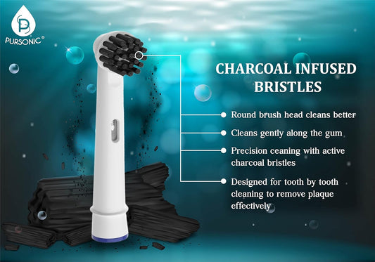 Pursonic Replacement Toothbrush Heads Charcoal Infused Bristles Compatible With Oral B Electric Toothbrush, 6 Pack
