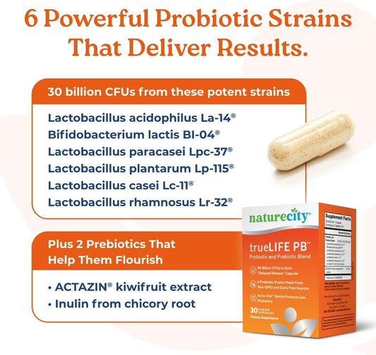 Naturecity True-Life-Pb Shelf Stable Blend Prebiotics And Probiotics For Women And Men - Digestive Gut Health Supplements For Women And Men - Dairy Free - (60 Veggie Capsules)