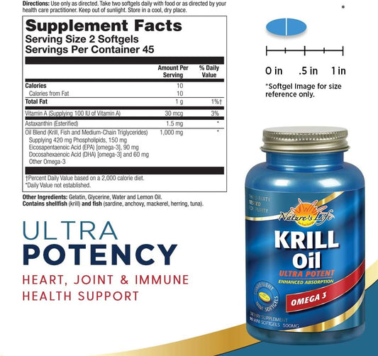 Nature's Life Krill Oil 1000mg, Ultra Potent Mini Softgels | Immune, H