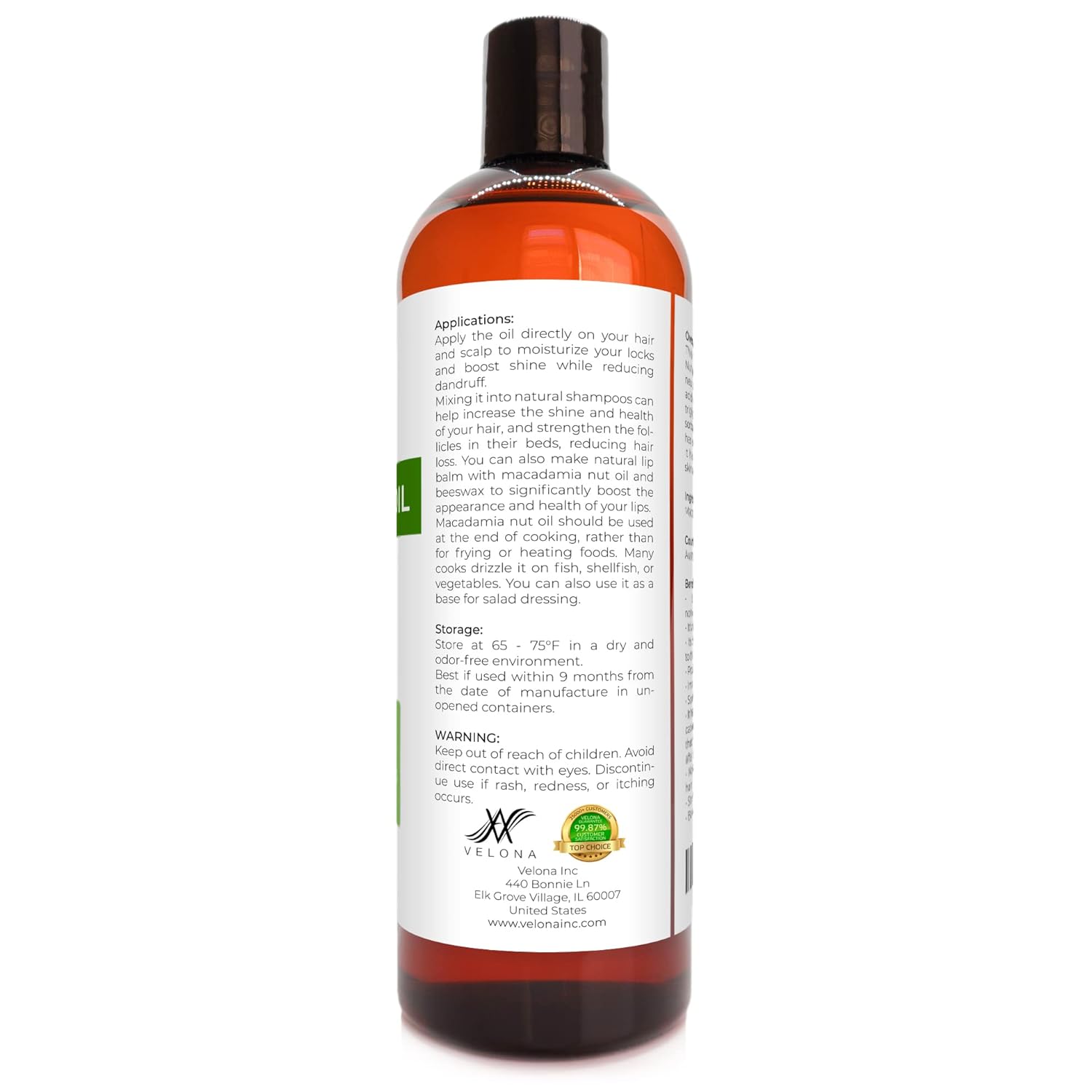 velona Macadamia Nut Oil 16 oz | 100% Pure and Natural Carrier Oil | Refined, Cold pressed | Cooking, Skin, Hair, Body & Face Moisturizing | Use Today - Enjoy Results : Beauty & Personal Care