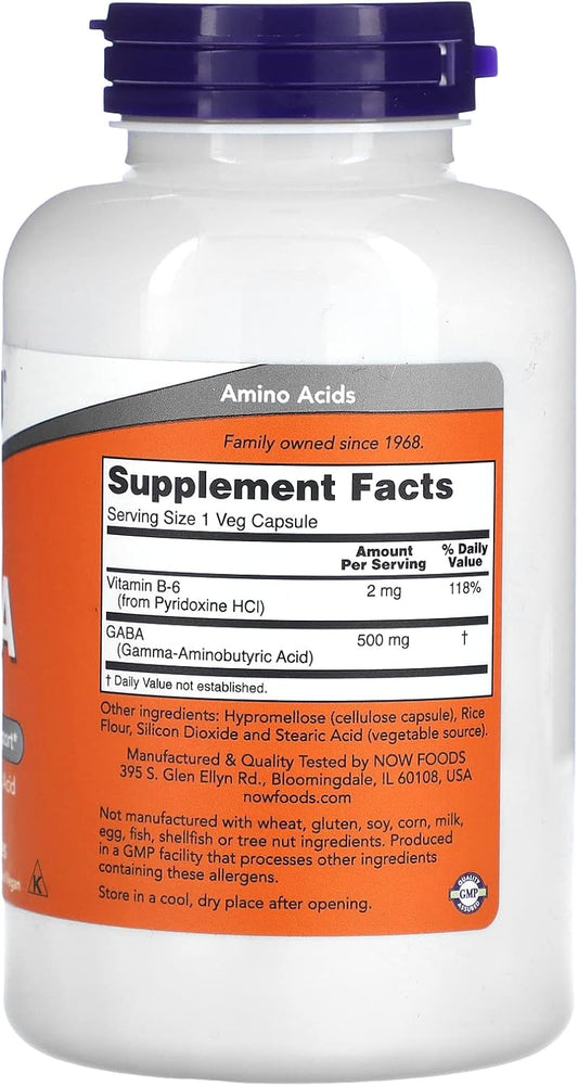 Now Foods Supplements, Gaba (Gamma-Aminobutyric Acid) 500 Mg + B-6, Natural Neurotransmitter*, 200 Veg Capsules