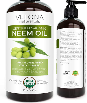 velona Neem Oil USDA Certified Organic - 16 oz | 100% Pure and Natural Carrier Oil | Virgin, Unrefined, Cold Pressed | Hair, Body and Skin Care | Use Today - Enjoy Results