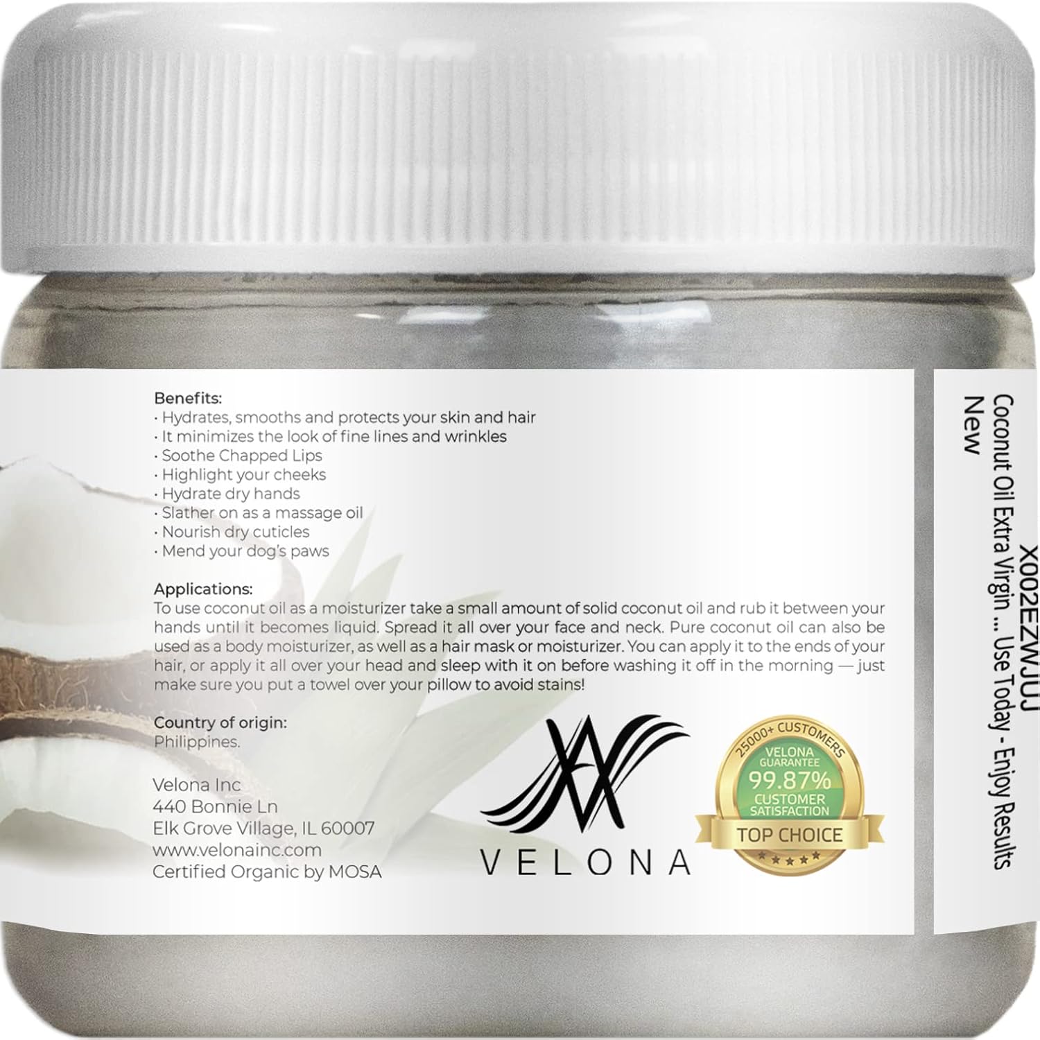 velona USDA Certified Organic Coconut Oil Extra Virgin - 2 oz | Food and Cosmetic Grade | in jar | Extra Virgin, Cold Pressed : Beauty & Personal Care