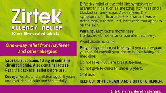 Zirtek Allergy Relief Antihistamine Tablets | 30 Allergy Tablets 10Mg| Hayfever, Dust, Pets, And Hives | Cetirizine Antihistamine Tablet | Relieve Allergic Symptoms | Adults And Children Over 6 Years