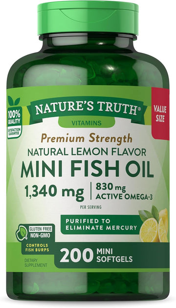 Nature'S Truth Fish Oil Omega 3 | 1340 Mg | 200 Mini Softgels | Burpless Lemon Flavor Pills | Non-Gmo & Gluten Free Supplement