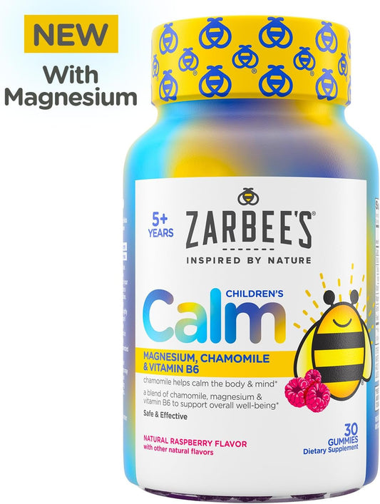 Zarbee's Children's Calm Gummy, Supports a Calm Mind & Body for Kids Ages 5+, Made with Magnesium, Chamomile & Vitamin B6, Natural Raspberry Flavor, 30 Gummies