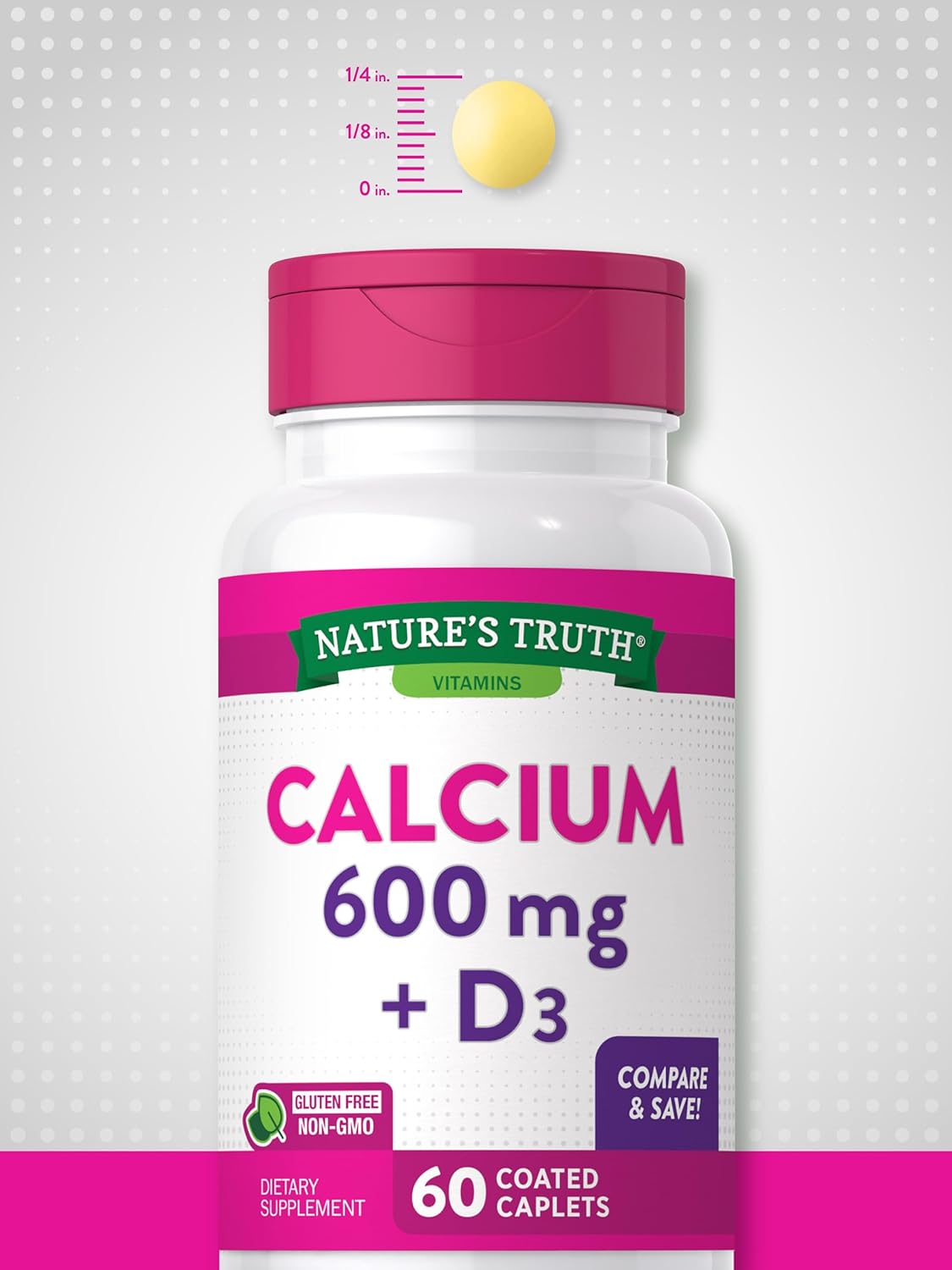 Calcium 600mg with Vitamin D3 | 60 Count | Calcium Carbonate Supplement | Vegetarian, Non-GMO & Gluten Free | by Nature's Truth : Health & Household