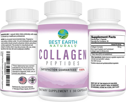 Best Earth Naturals Hydrolyzed Collagen Type I & Iii - Collagen Peptides Supplement For Women And Men To Support Hair, Skin, Nails, & Joints 30 Day Supply (30 Capsules)