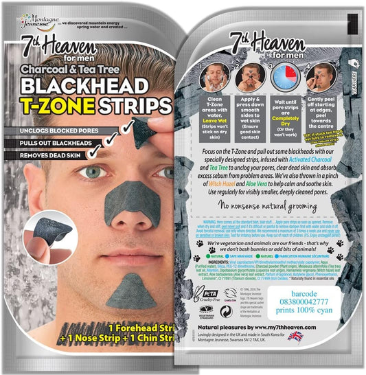 7Th Heaven Men’S Skin Essentials Gift Set – 3 Face Masks With Charcoal & Dead Sea Salt + T-Zone Pore Strips, Black Wash Bag, Exfoliating Body Puff & Face Cloth – Deep Cleansing Skincare Gift For Him