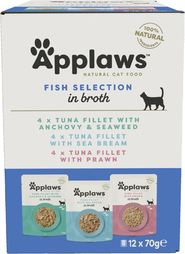 Applaws 100% Natural Wet Cat Food, Pouch Multipack Tuna Selection In Broth, 70 G (12 X 70 G Pouches)8015Ml-A