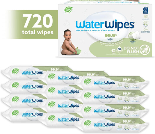 Waterwipes Plastic-Free Textured Clean, Toddler & Baby Wipes, 99.9% Water Based Wipes, Unscented & Hypoallergenic For Sensitive Skin, 60 Count (12 Packs), Packaging May Vary