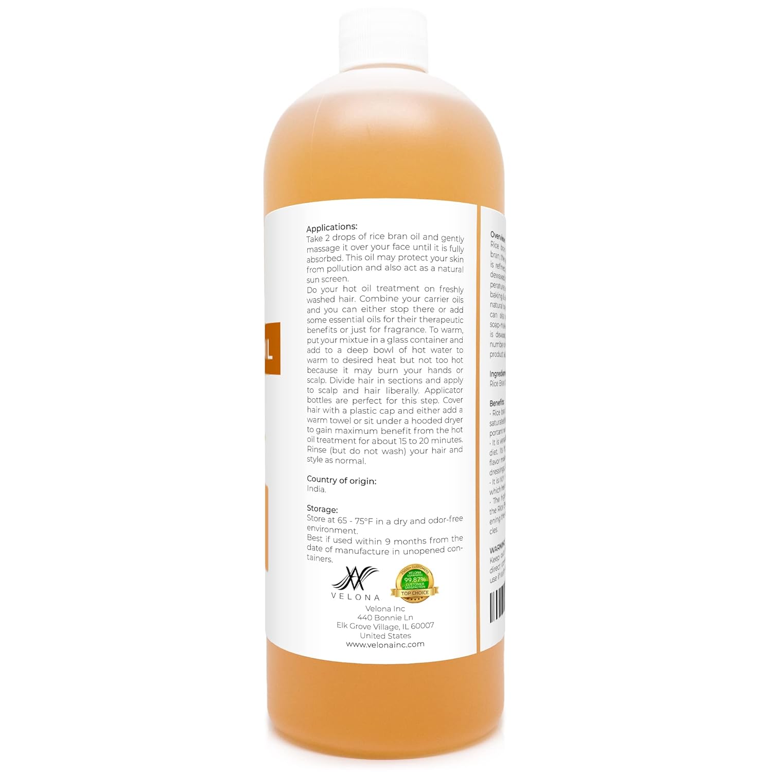 Rice Bran Oil by Velona - 32 oz | 100% Pure and Natural Carrier Oil | Refined, Cold Pressed | Cooking, Face, Hair, Body & Skin Care | Use Today - Enjoy Results : Beauty & Personal Care