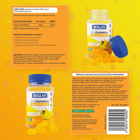 Bioglan Vitagummies | High Strength Vitamin D3 | Vegetarian Friendly | Delicious Lemon Flavour | 60 Chewy Gummies