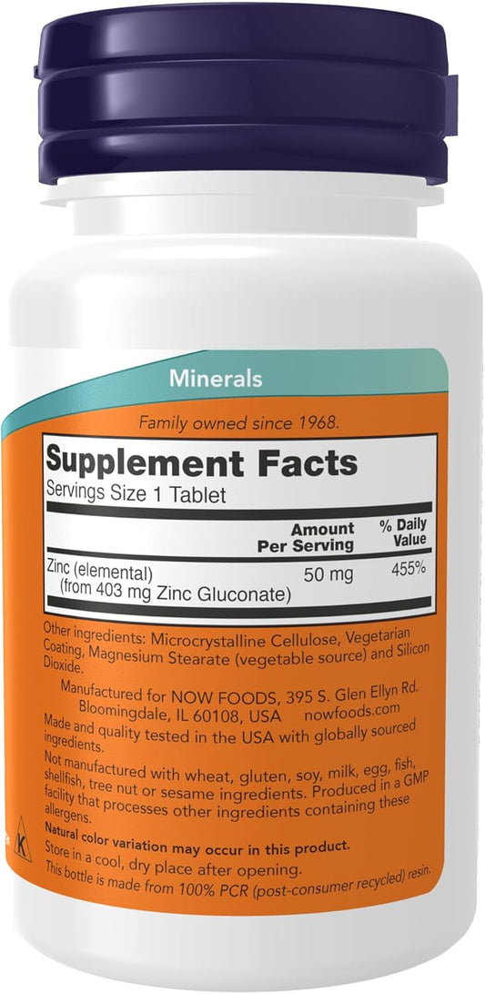 Now Supplements, Zinc (Zinc Gluconate) 50 Mg, Supports Enzyme Functions*, Immune Support*, 100 Tablets (Pack Of 2)