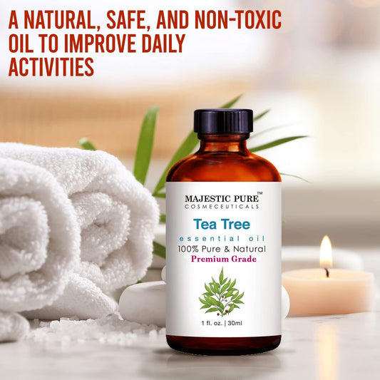 Majestic Pure Tea Tree Essential Oil - Pure, Natural And Premium Grade - Tea Tree Oil For Skin, Face, Hair, Nails, Acne, Scalp, Massage, Aromatherapy, Diffuser, Topical & Household Uses - 1 Fl Oz