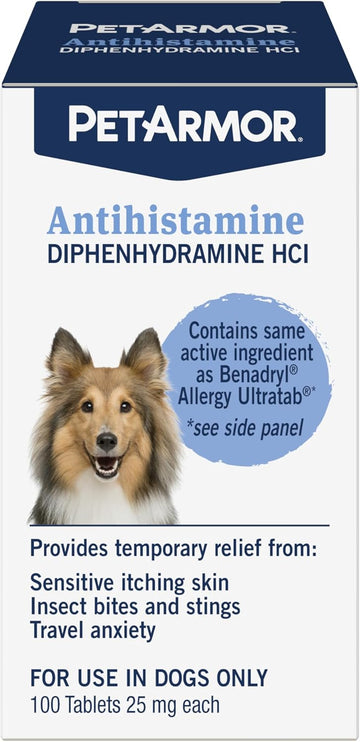 Petarmor Antihistamine Allergy Relief For Dogs, Easy-To-Use Allergy Medicine For Dogs, Anti-Itch Medicine Provides Relief From Insect Bites, And Stings, 100 Tablets