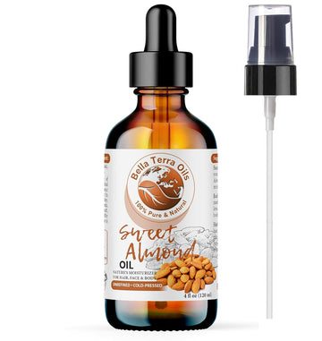 Bella Terra Oils - Organic Sweet Almond Oil 4oz - A Symphony of Vitamin E & Oleic Acid, Pure Cold-Pressed Essence, Luxe Touch for Skin