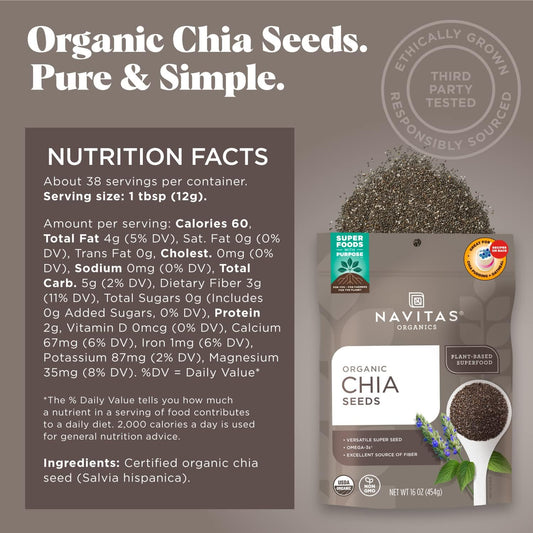 Navitas Organics Chia Seeds, 16 Oz. Bag, 38 Servings — Organic, Non-Gmo, Gluten-Free