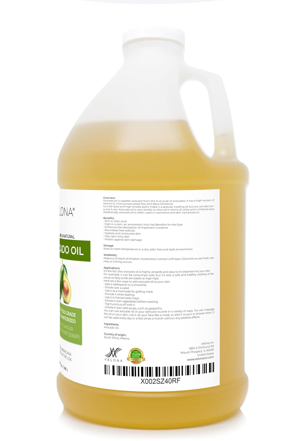 velona Avocado Oil 64 oz | 100% Pure and Natural Carrier Oil | Refined, Cold Pressed | Hair, Body and Skin Care | Use Today - Enjoy Results : Beauty & Personal Care