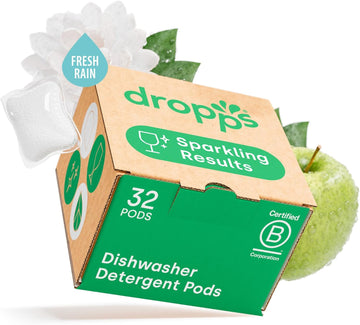 Dropps Ultrawash Power Biobased Dishwasher Pods, Fresh Rain (32 Dish Tabs) - Deep Clean Dishwasher Detergent Tablets For Sparkling Shiny Dishes - No Rinse Aid Or Pre-Wash Needed