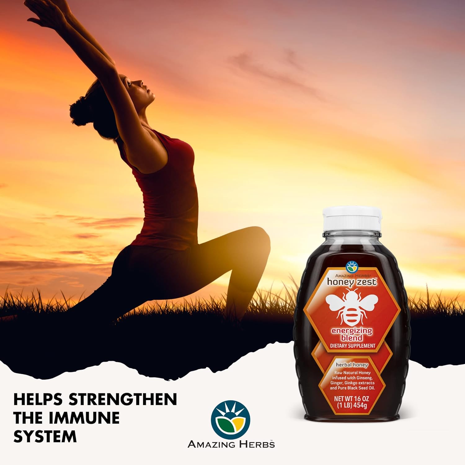 Amazing Herbs Raw Natural Honey - Herbal Honey Infused With Ginseng, Ginger, Ginkgo Extracts & Pure Black Seed Oil, Non Gmo, Gluten Free Immune Booster - Honeyzest Energizing Blend, 16 Fl Oz : Grocery & Gourmet Food