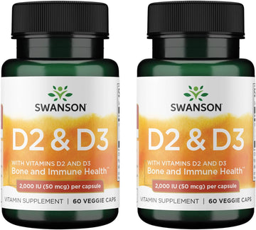Swanson Vitamin D Complex With Vitamins D2 & D3 - Complete Sunshine Vitamin Complex For Bone, Dental & Immune Health - Vitamin Supplement ( 50 Mcg, 60 Veggie Capsules ) 2 Pack