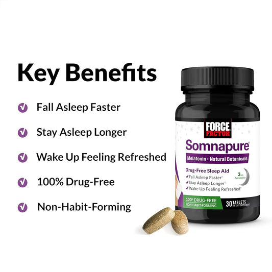 Force Factor Somnapure Drug-Free Sleep Aid For Adults With Melatonin, Valerian Root, And Lemon Balm, Non-Habit-Forming Sleeping Pills, Fall Asleep Calm At Night, Wake Up Refreshed, 30 Tablets