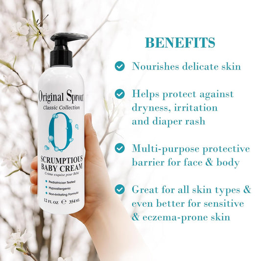 Original Sprout Scrumptious Baby Cream, Gentle Moisturizing Cream For Dry, Sensitive Skin & Diaper Rash, Non-Greasy Baby Lotion With Zinc Oxide & Calendula For Face & Body, 12 Fl Oz