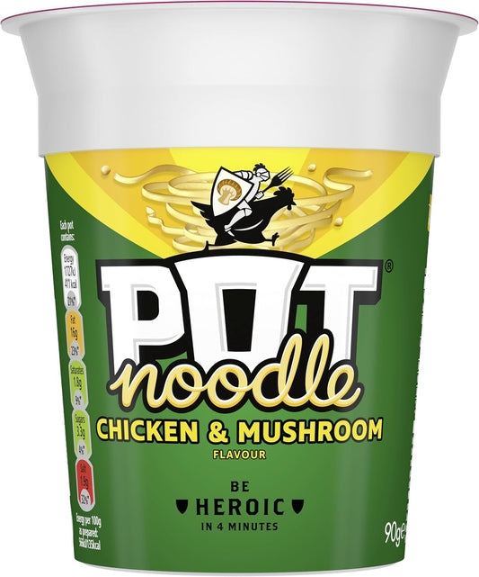 Pot Noodle Chicken & Mushroom Standard Pot Noodle Instant Vegetarian Snack Quick To Make Noodles 12X 90 G