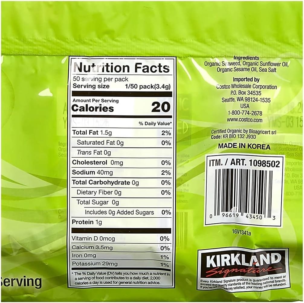 Kirkland Signature Organic No Preservatives/MSG Roasted Seaweed Snack, Sesame (Winter Harvest): 10 Pack (0.60 oz.)